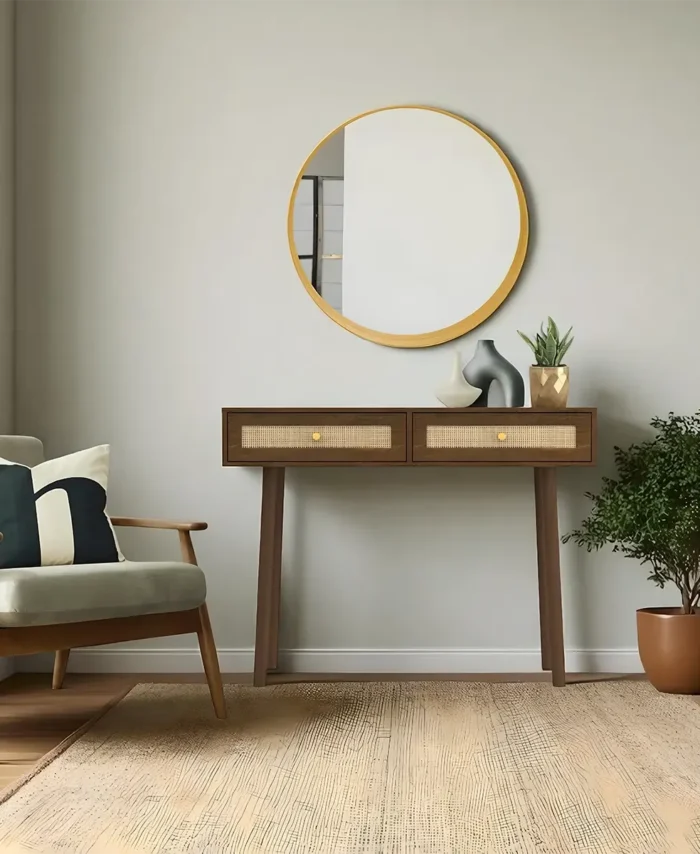Retro Inspired Sofa Table Natural Wood With Woven Drawers