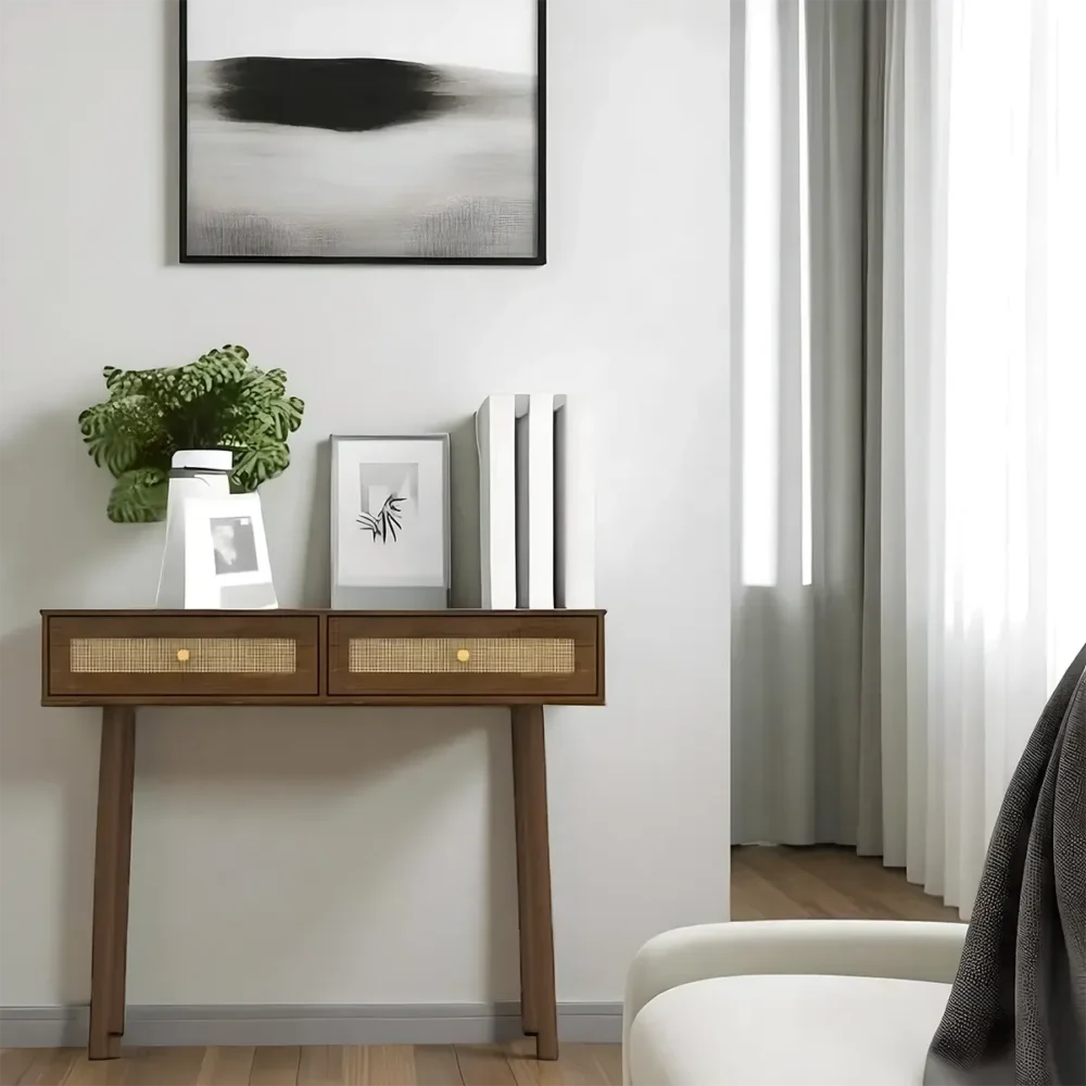 Retro Inspired Sofa Table Natural Wood With Woven Drawers - Image 2