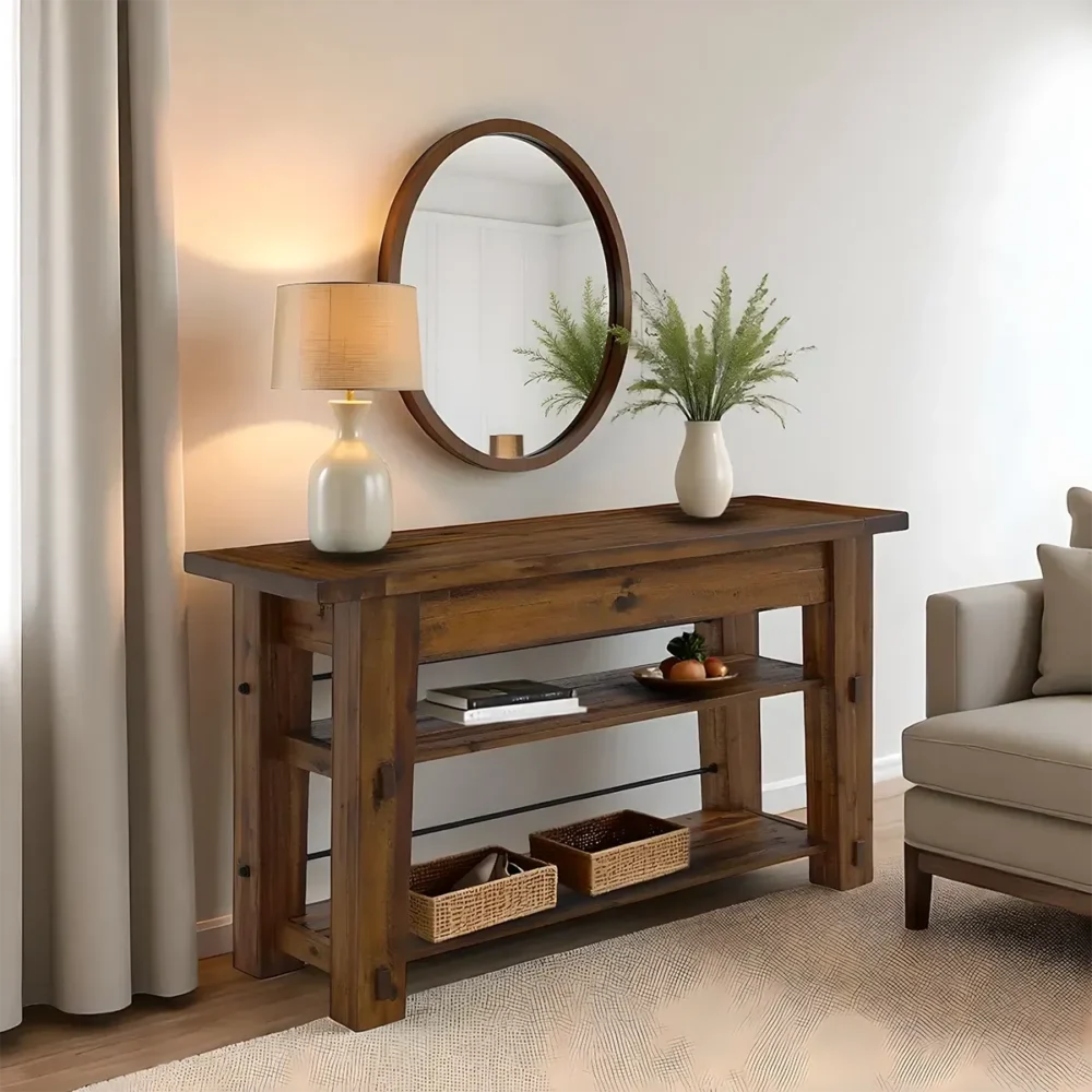 Loft Style Hall Table Wood Top Metal Base