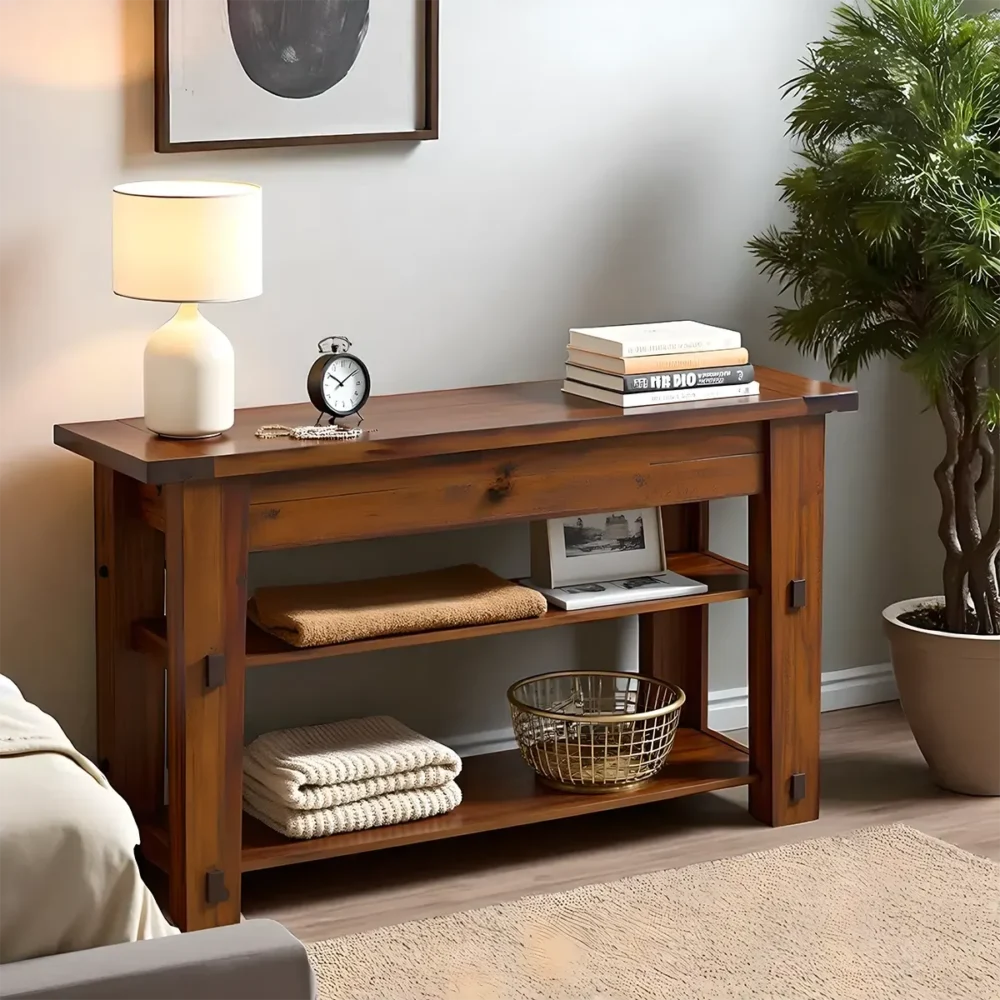 Loft Style Hall Table Wood Top Metal Base - Image 3